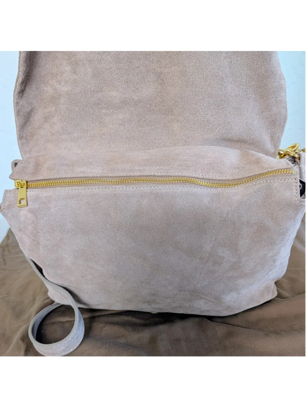 Viola Castellani Italian Suede Leather Chain Bag Taupe Slouchy Crossbody Purse
